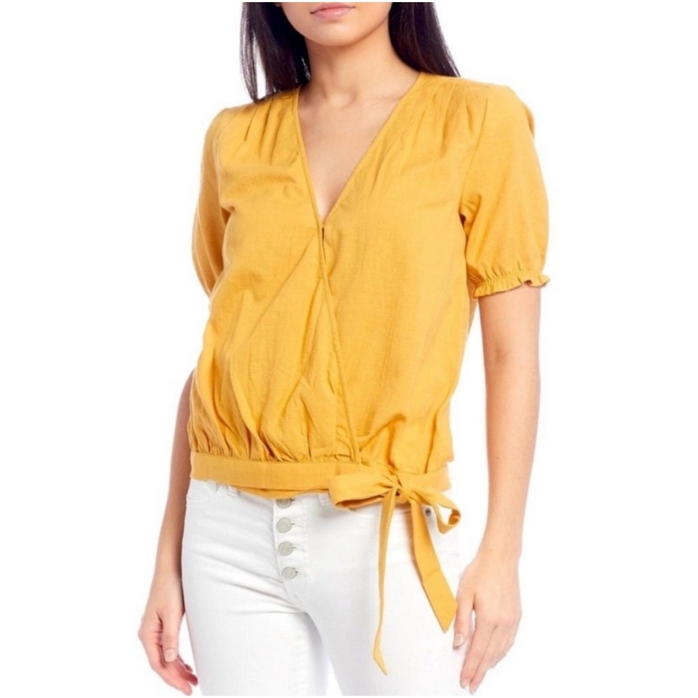 Lucky‎ Brand Mustard Yellow Cotton Wrap Top Large Puff Sleeve Side Tie Boho